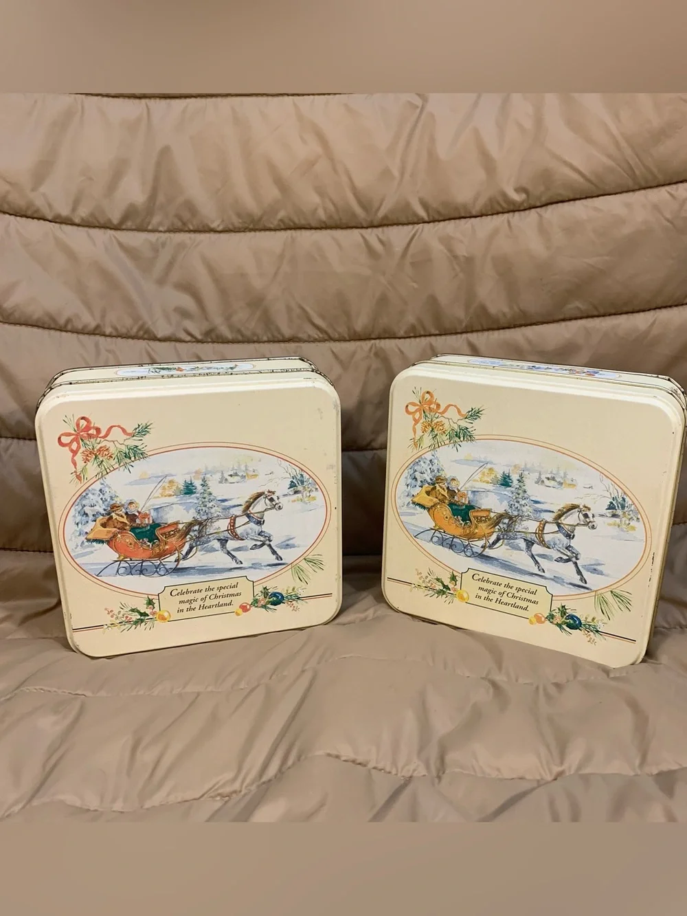 Vintage Swiss Colony Christmas Tin Set - Cream with Festive Winter Sleigh Scene